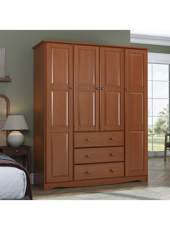 Palace Imports, Inc. Palace Imports 100% Solid Wood Family 4-Door Wardrobe Armoire with Metal or Wooden Knobs Mocha-Metal Knobs