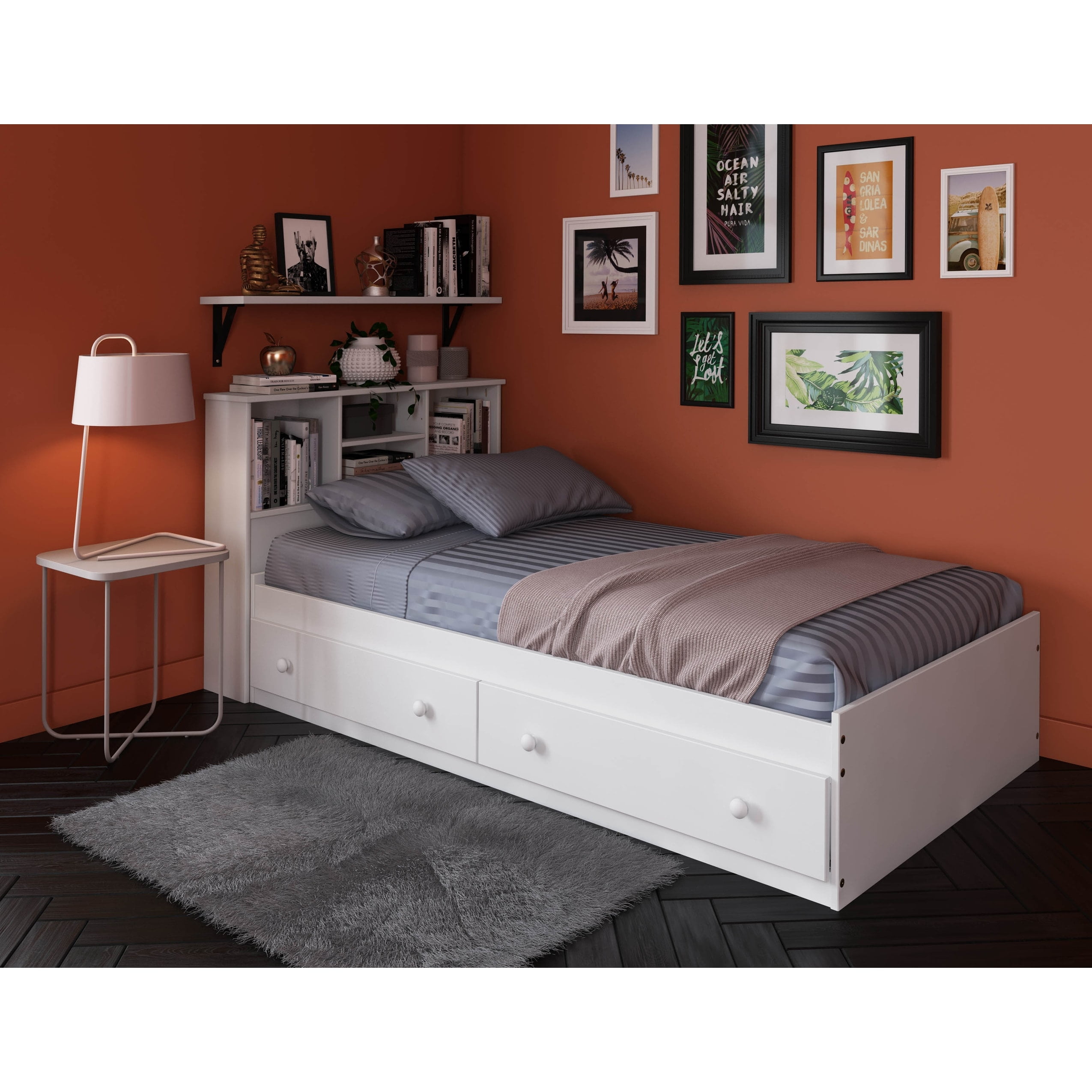 White Twin Pine Wood Captain's Bed with Storage Drawers