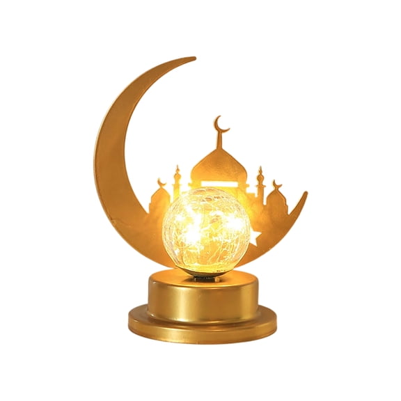 Palace Led Star Moon Iron Hollow Table Decor Lamp - With Crescent Moon & Mosque Design, Warm Glow Crackle Glass Globe - For Home Decoration, Bedroom, Living Room, Ramadan, Eid
