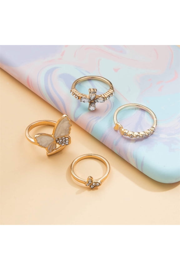 Palace Style Retro Light Luxury Butterfly Ring Set: 4-Piece Electroplated Alloy Index Finger Rings for Women