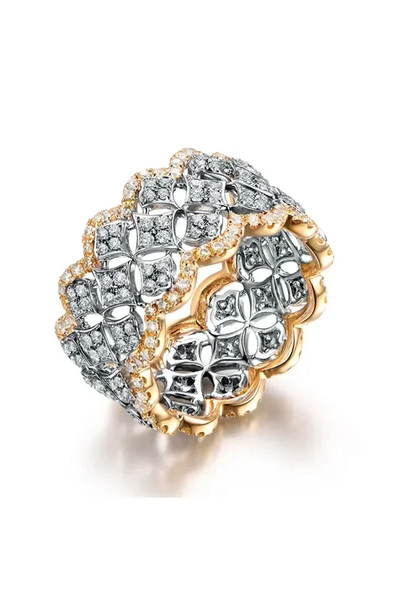 Palace Style Two Tone Popular Women's 14K Yellow Gold Ring with Shiny Cubic Zirconia Hollow Heart Leaf Design Rock Personality Party Jewelry