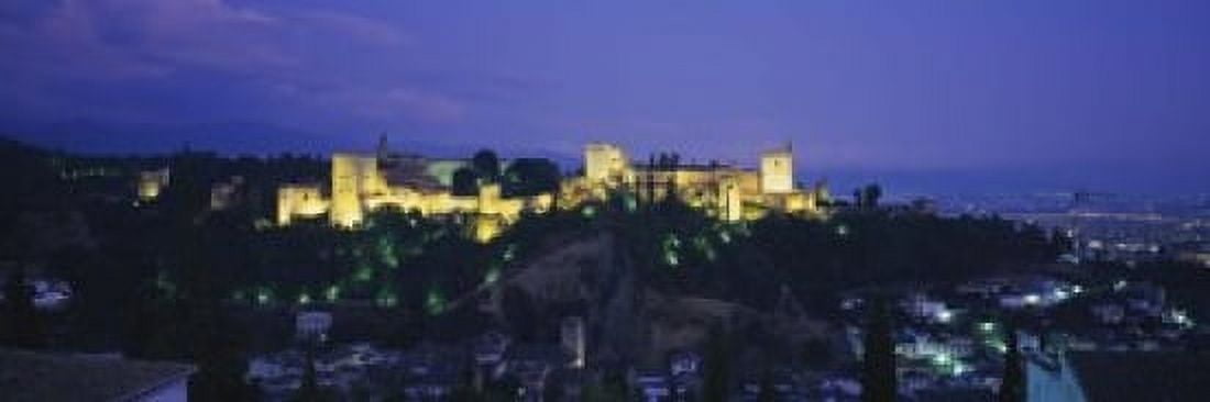Palace lit up at dusk Alhambra Granada Andalusia Spain Canvas Art - Panoramic Images (18 x 6)