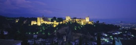 Palace lit up at dusk Alhambra Granada Andalusia Spain Canvas Art - Panoramic Images (36 x 12)