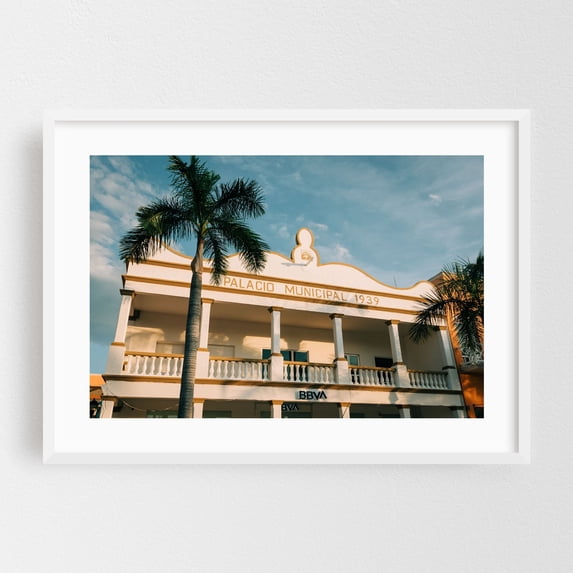 Palacio Municipal, Cozumel - San Miguel de Cozumel Quintana Roo Mexico Photography Architecture Palm Tree Tropical Vintage City Travel Poster Art Deco White Framed Wall Art Print 5 x 7 inches