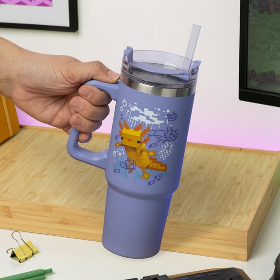 Paladone Minecraft Axolotl 900 ml Purple Insulated Cup and Straw, Officially Licensed Quencher Travel Cup with Handle for Iced Tea or Coffee, Gaming Merchandise