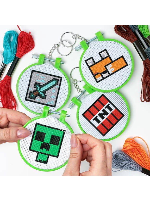 Minecraft Officially Licensed Cross Stitch Charm Set of 4, Creeper, TNT, Sword and Fox, Idea Gamer Gift for Boys and Gifts, Arts and Crafts DIY Gaming Decor and Accessory