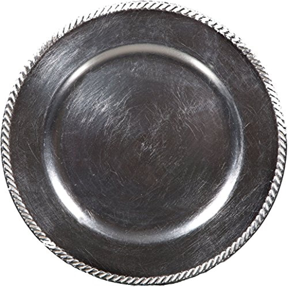 Silver Glossy Melamine Round Charger Plates with Beaded Trim - Set of 4