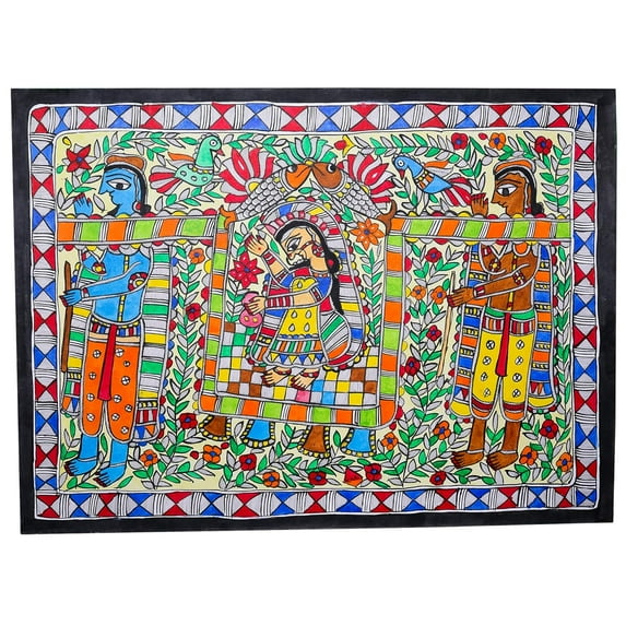 Palak Saxena Madhubani Handmade Doli Kahar Paper Painting - Vibrant Traditional Art - Unframed for Home and Office (32.2 x 24.2 inches)