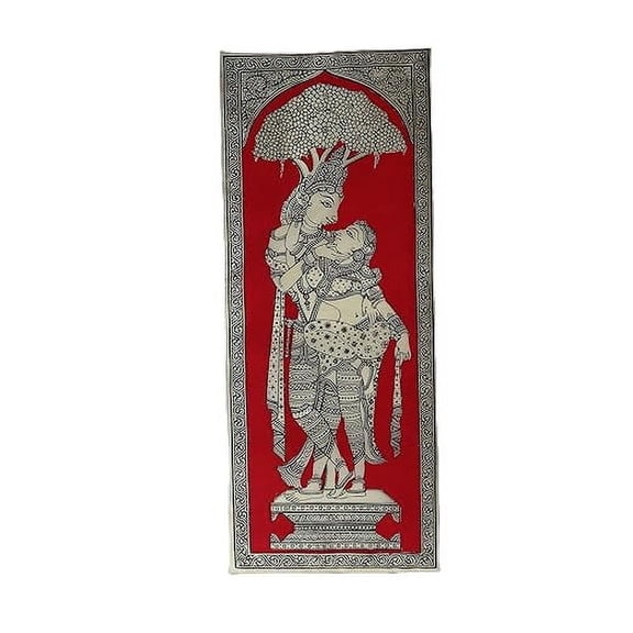 Palak Saxena Traditional Indian Wall Hanging with Embroidered Figures, 45 x 90 cm, Red and Grey