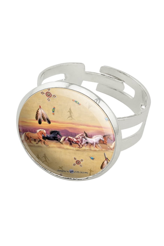 Palamino Horses Running Border Pattern Silver Plated Adjustable Novelty Ring