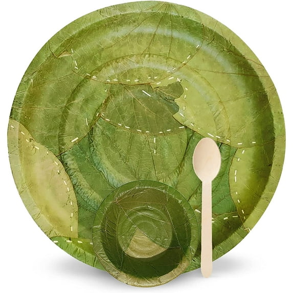 Palash - Natural Leaf Disposable Party, BBQ 9" Round Plate, 4" Bowl and Spoon | Each25 -Pack 75