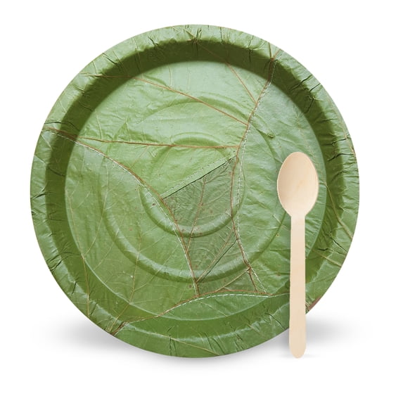 Palash - Natural Leaf Disposable Party, BBQ 9" Round Plate and Spoon | Each 50 - Pack 100