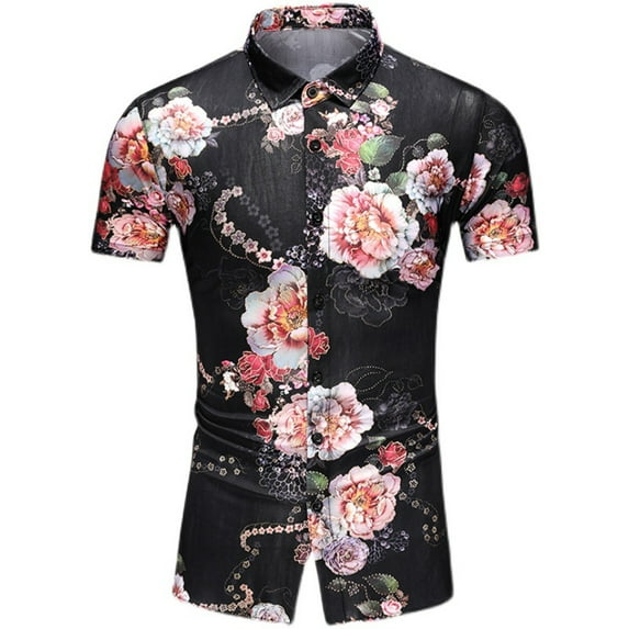 Palato Mens T Shirts,Men Hawaiian Short Sleeve Beach Stand-up Collar Shirt Printed Summer Casual Button Down Shirts