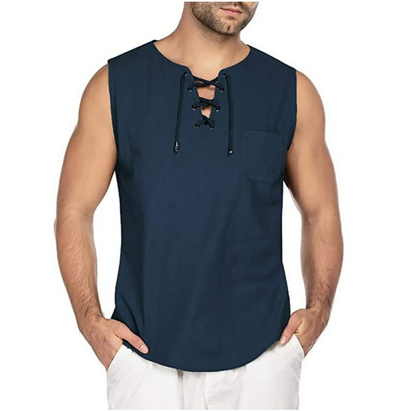 Palato Mens T Shirts,Men's Fashion Drawstring Solid Color Cotton And Linen Sleeveless T-shirt Tops