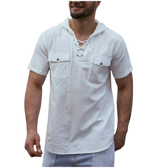 Palato Mens T Shirts,Men's V-Neck Cotton Linen Shirt Double Pocket Workwear Shirt Solid Color Hooded Shirt
