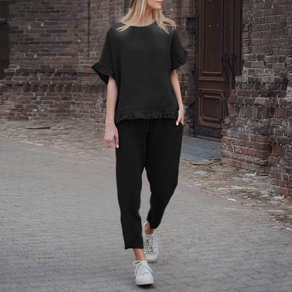 Palato Women's Plus Size Tops,2PC Fashion Woman Round Neck Solid Short Sleeve Blouse +Loose Pants Sets