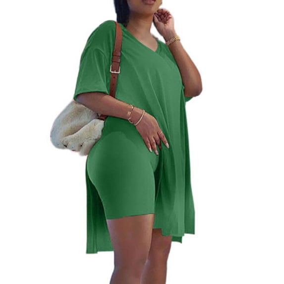 Palato Women's Plus Size Tops,Women Casual Plus Size 2 Piece Outfits Short Sleeve Loose Tops Skinny V-Neck Biker Shorts Sets Tracksuits
