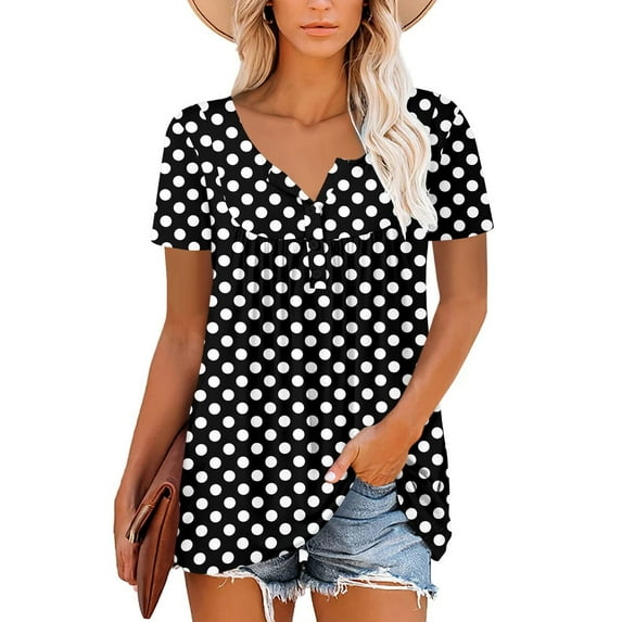 Palato Women's Plus Size Tops,Women's Summer Tunic Round Neck Printed T-Shirts Casual Short Sleeve Blouse Pleated Tops With Ruffle Hem