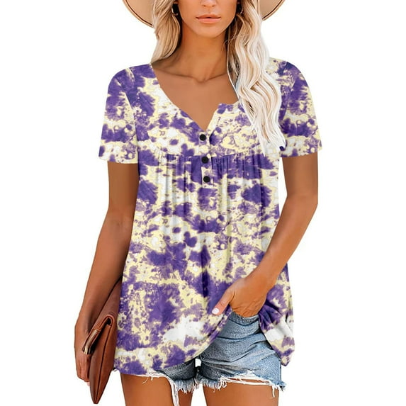 Palato Women's Plus Size Tops,Women's Summer Tunic Round Neck Printed T-Shirts Casual Short Sleeve Blouse Pleated Tops With Ruffle Hem