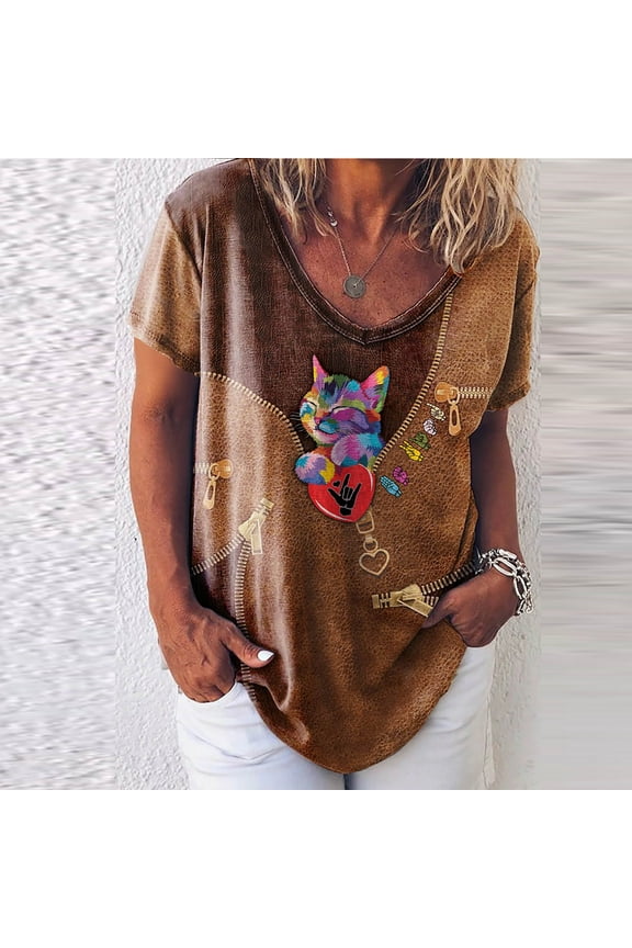 Women's Plus Size Tops,Womens Cat Animal Print O-Neck Loose T-Shirt Summer Short Sleeves Casual Tees