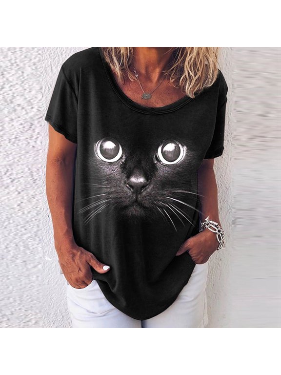 Women's Plus Size Tops,Womens Cat Animal Print O-Neck Loose T-Shirt Summer Short Sleeves Casual Tees