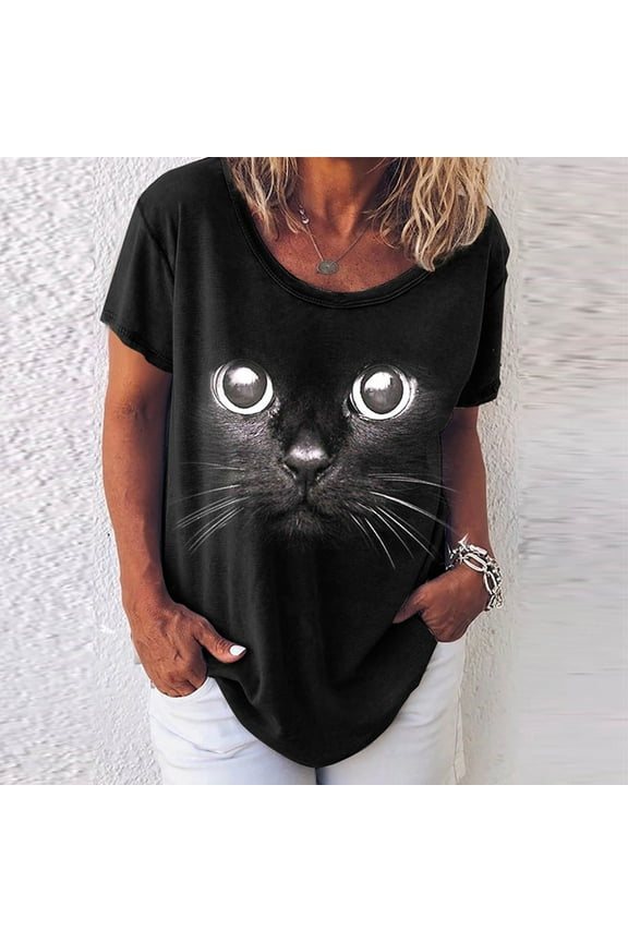 Women's Plus Size Tops,Womens Cat Animal Print O-Neck Loose T-Shirt Summer Short Sleeves Casual Tees