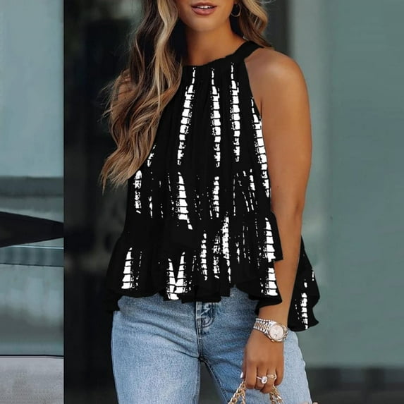 Palato Womens Plus Size Tops,Women's Halter Neck Tank Tops Floral Sleeveless Shirt Pleated Casual Camisole