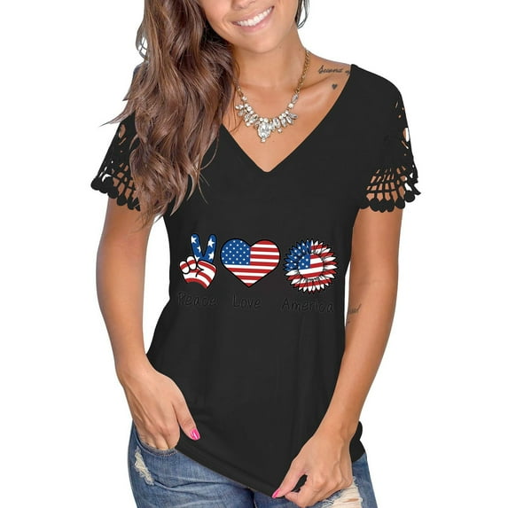 Palato Womens Plus Size Tops,Women's Summer V-neck Independence Day Printed Tops T-Shirts Casual Lace Short Sleeve Blouse