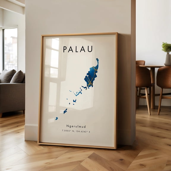 Palau Map PRINTED Poster Blue and Gold Oceania Wall Art Print Home Decor Geography Map Gift