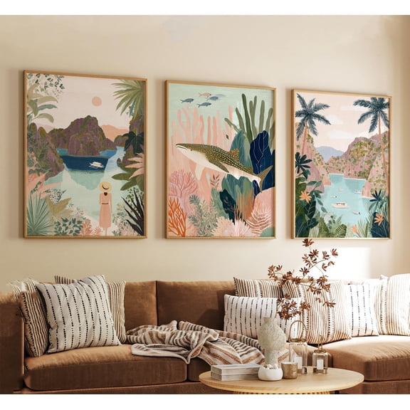 Palawan Philippines Poster Vintage Travel Illustration Wall Art Tropical Landscape Prints Retro Style Set 3