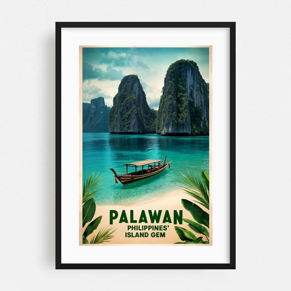 Palawan Poster: Philippines’ Island Gem - MIMAROPA Philippines Illustration Travel Poster Beach Tropical Boat Seascape Vintage Black Framed Wall Art Print 24 x 36 inches