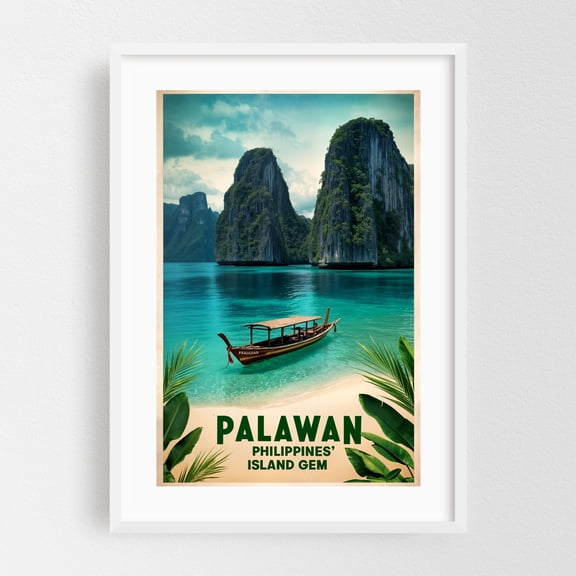 Palawan Poster: Philippines’ Island Gem - MIMAROPA Philippines Illustration Travel Poster Beach Tropical Boat Seascape Vintage White Framed Wall Art Print 5 x 7 inches
