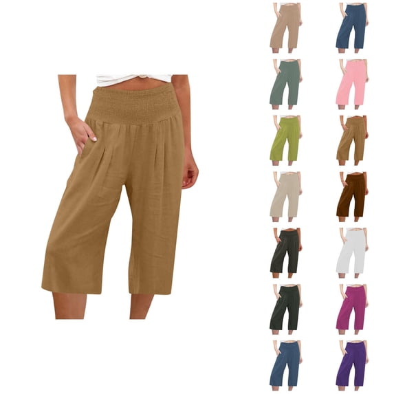 Palazzo Capri Pants for Women Cotton Linen Lightweight Elastic Waist Wide Leg Loose Flowy Capris with Pockets