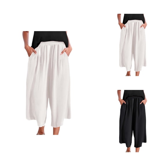 Palazzo Capri Pants for Women Lightweight Cotton Linen Elastic Waist Loose Fit Flowy Cropped Pants with Pockets