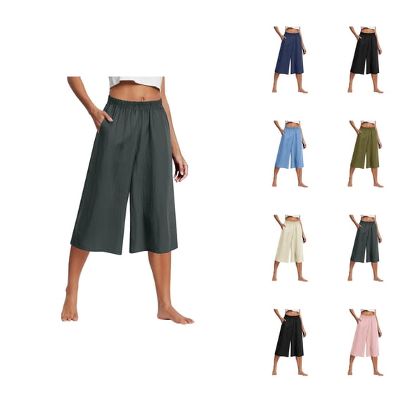 Palazzo Capri Pants for Women Lightweight Elastic Waist Wide Leg Loose Flowy Cropped Pants Capris with Pockets