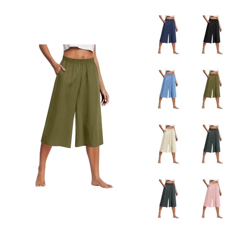 Palazzo Capri Pants for Women Lightweight Elastic Waist Wide Leg