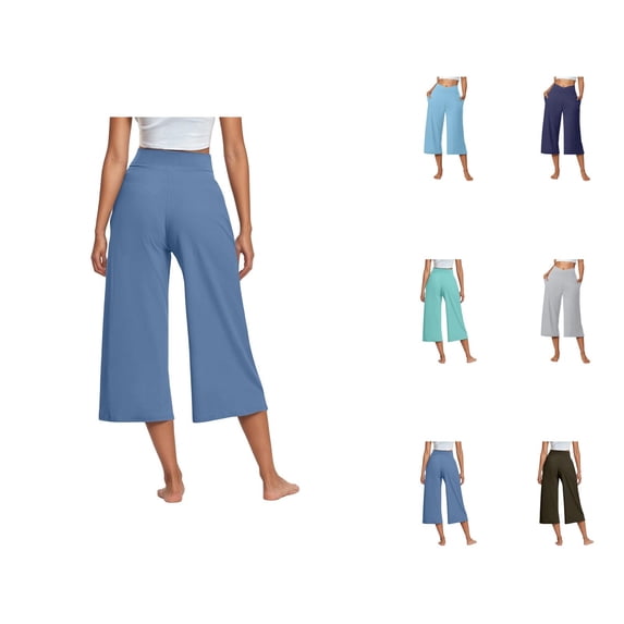 Palazzo Capri Pants for Women Spring Summer Elastic Waist Wide Leg Loose Fit Flowy Capris with Pockets