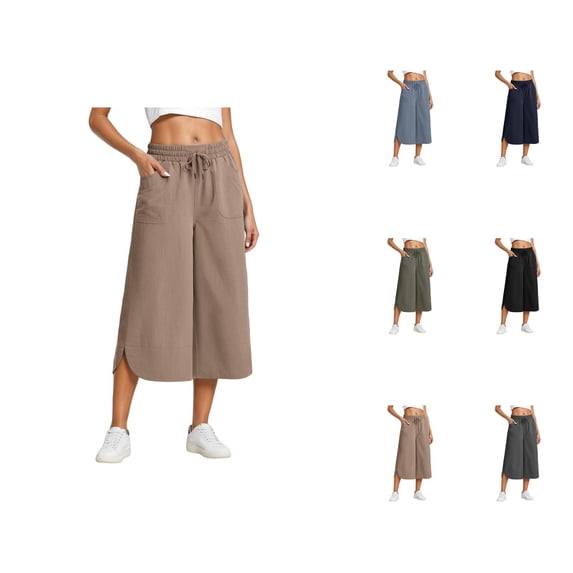 Palazzo Capri Pants for Women Spring Summer Elastic Waist Wide Leg Loose Fit Flowy Cropped Pants Capris with Pockets