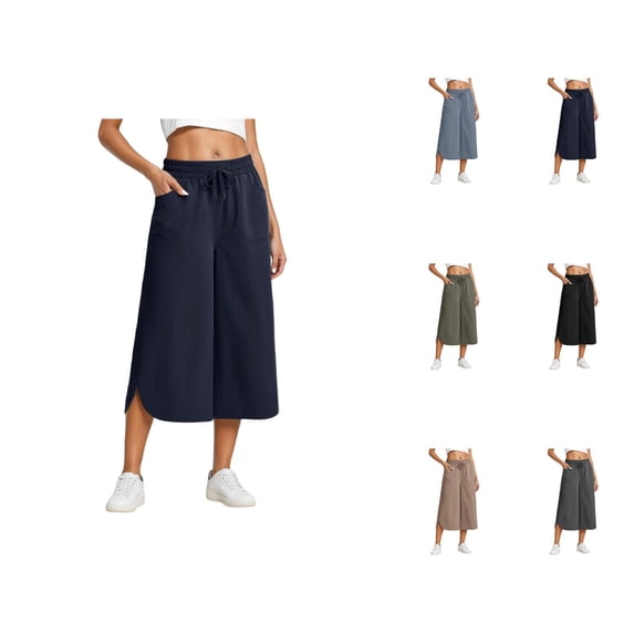 Palazzo Capri Pants for Women Spring Summer Elastic Waist Wide Leg Loose Fit Flowy Cropped Pants Capris with Pockets
