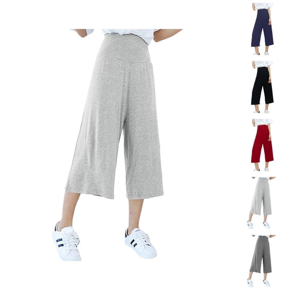 Palazzo Capri Pants for Women Spring Summer Lightweight Elastic High Waist Wide Straight Leg Flowy Capris