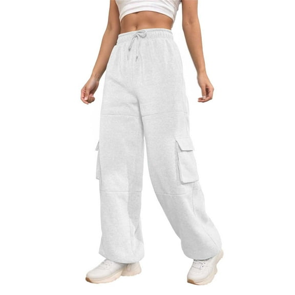 Palazzo Cargo Pants for Women High Waist Wide Leg Casual Pants with 6 Pockets Stretchy Drawstring Baggy Y2K Trousers Baggy Lightweight (White,Small)