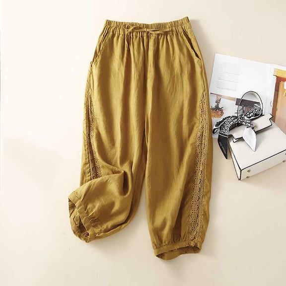 Palazzo Jumpsuit For Women Stretchy Cotton Linen Capris Mid Rise Wide Leg Capris Drawstring Elastic Waist Capri Palazzo Pants Straight Pull On Lounge Capris Casual Summer Solid Cropped Pants Yellow