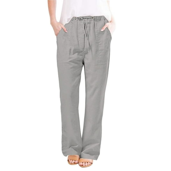 Palazzo Lounge Pants for Women Elastic Waist Drawstring Wide Leg Trousers Straight Leg Cotton Linen Pants with Pocket