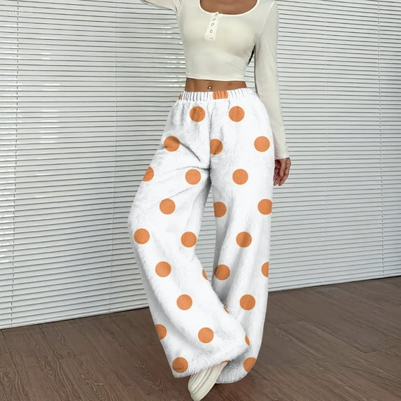 Palazzo Pajama Pants Women Baggy Wide Leg Fleece Lounge Pants Loose Fit Polka Dot Pajama Pants 2025 Fashion Fall Winter Elastic Waist Pjs Sleep Bottoms Orange XXL
