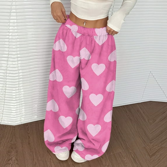 Palazzo Pajama Pants Women Fuzzy Wide Leg Fleece Lounge Pants Loose Fit Heart Print Pants 2025 Fashion Fall Winter High Waisted Trousers Pink L
