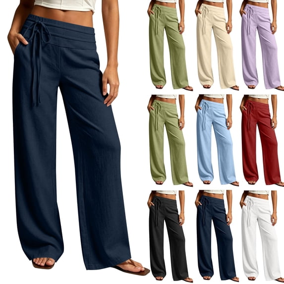 Palazzo Pants Dqueduo Women's Solid Color Elastic Waist Casual Pocket Straight-Leg Pants – Linen Blend Trousers Navy S