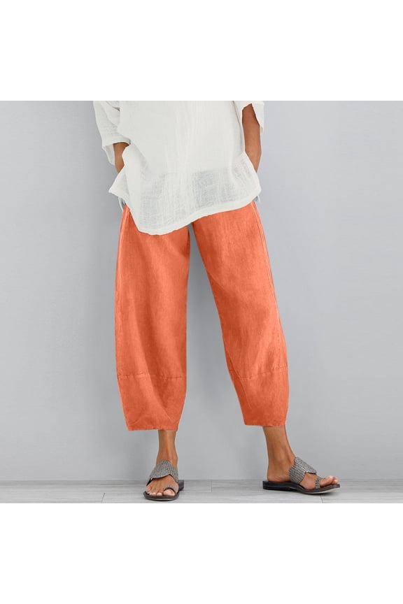 Palazzo Pants For Women Cotton And Linen Elastic Waist Pant With Pocket Loose Harem Pure Colour Crop Orange M
