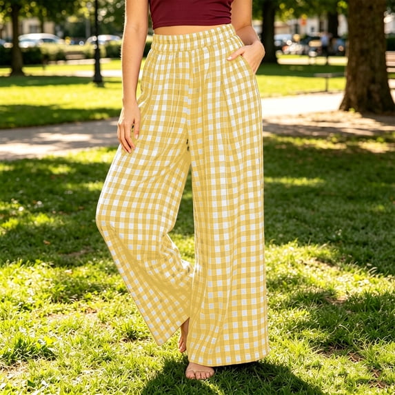 Palazzo Pants For Women High Waist Plaid Print Wide Leg Pants Casual Stretch Waistband Pants With Pockets Loose Fit For A Preppy Look Womens Pants