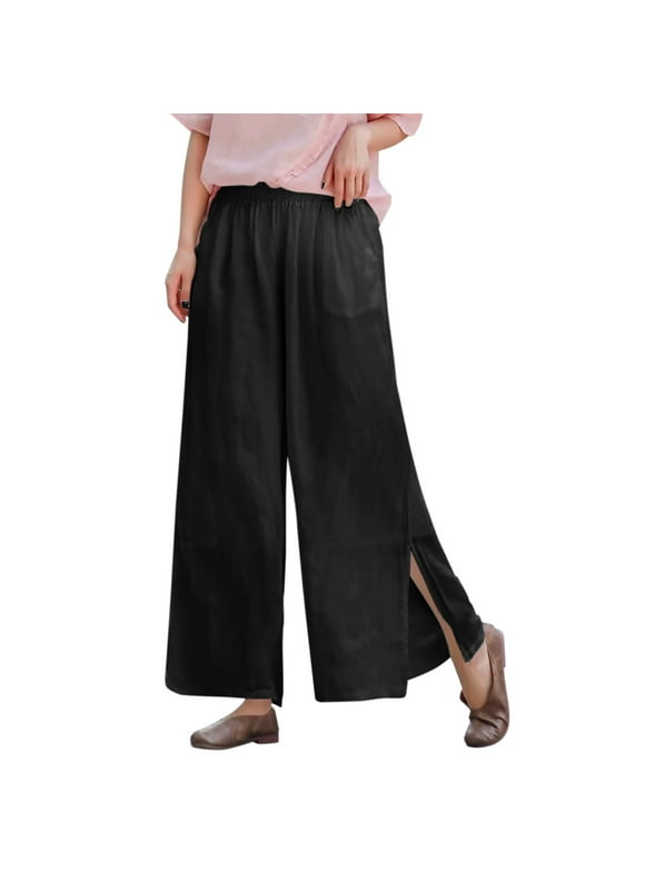 Palazzo Pants For Women Plus Slit Hem High Waisted Comfy Wide Leg Straight Elastic Waist With Pockets Baggy Loose Summer Pants XXXL