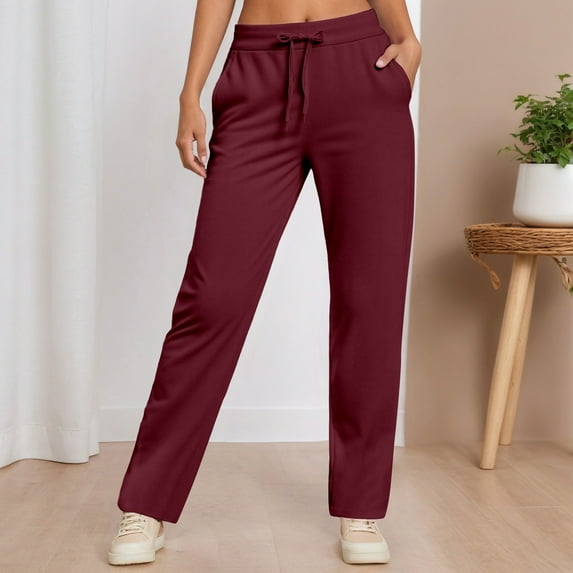 Palazzo Pants for Women Casual Solid Color Mid Waisted Straight Leg Pants Elastic Waistband Comfortable Trousers Travel Hiking Fall Pants with Pockets